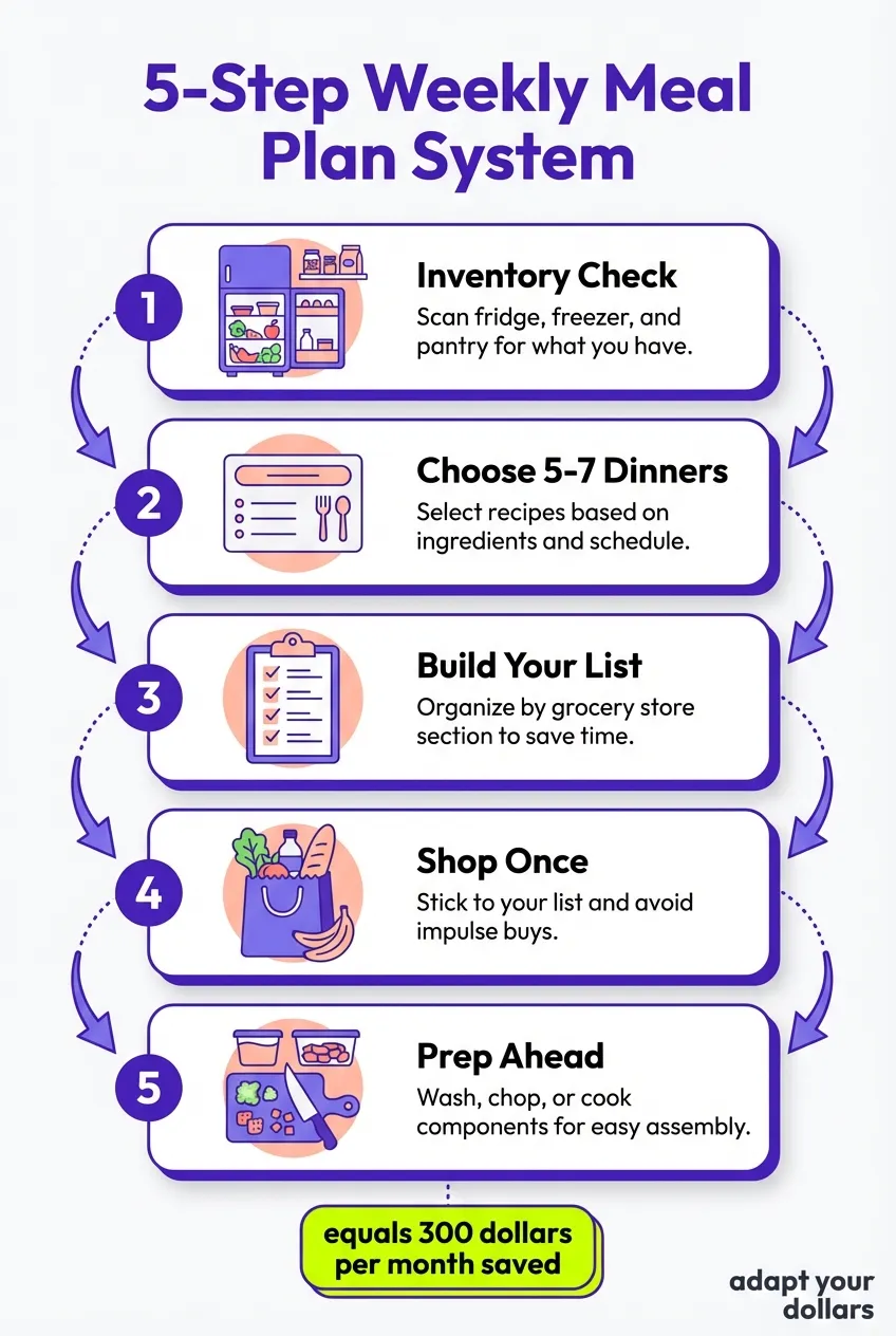 5-Step Weekly Meal Plan System - Inventory, Choose Dinners, Build List, Shop Once, Prep Ahead