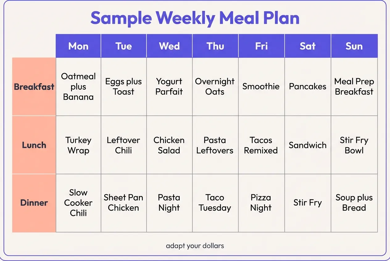 Sample Weekly Meal Plan - Monday through Sunday breakfast, lunch, and dinner